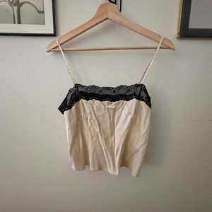 Staud Cream Silk Tank Top with Black Lace, Size M